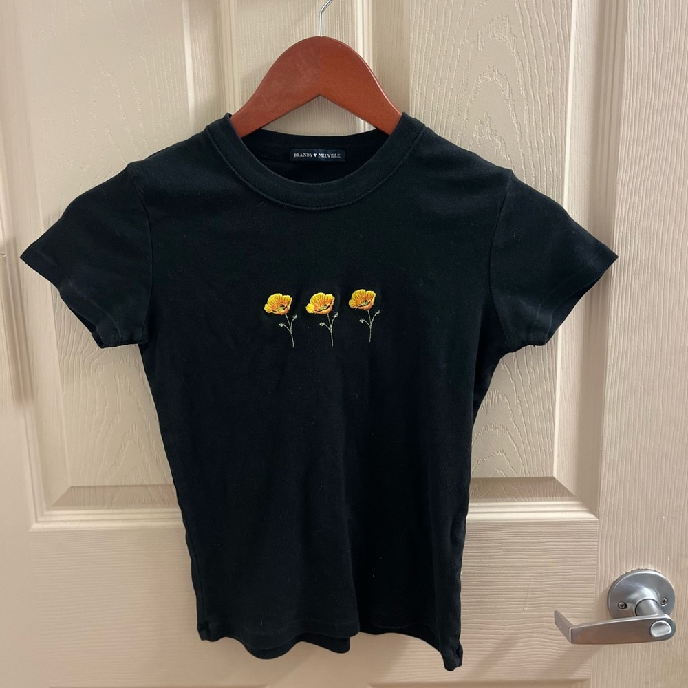 Black Brandy Melville shirt embroidered yellow flowers